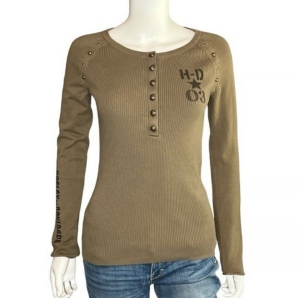 Harley Davidson army green Henley top size Large
